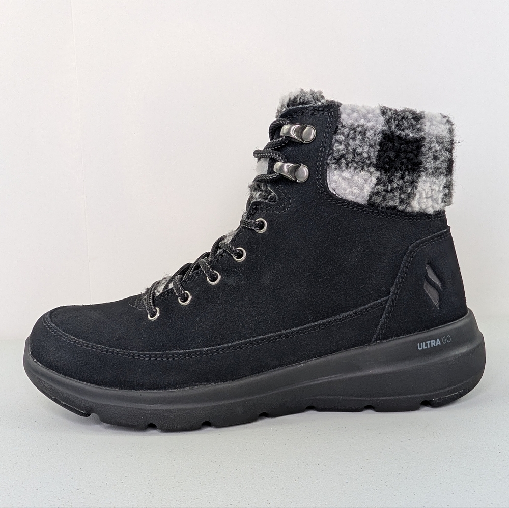 Skechers On The Go Boots Womens 6.5 Glacial Ultra Timber Black Leather Faux Fur